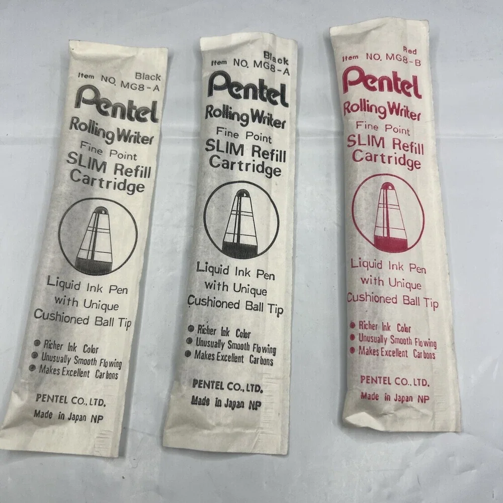 Lot of 3 Vtg Pentel Slim Rolling Writer Refills Fine Pt, 2 Black MG8-A, 1 Red B
